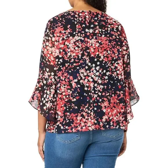 Kasper Plus Size Women's Ruffled Cuff 3/4-Sleeve Top Navy Black Coral 2X NEW - Picture 2 of 10